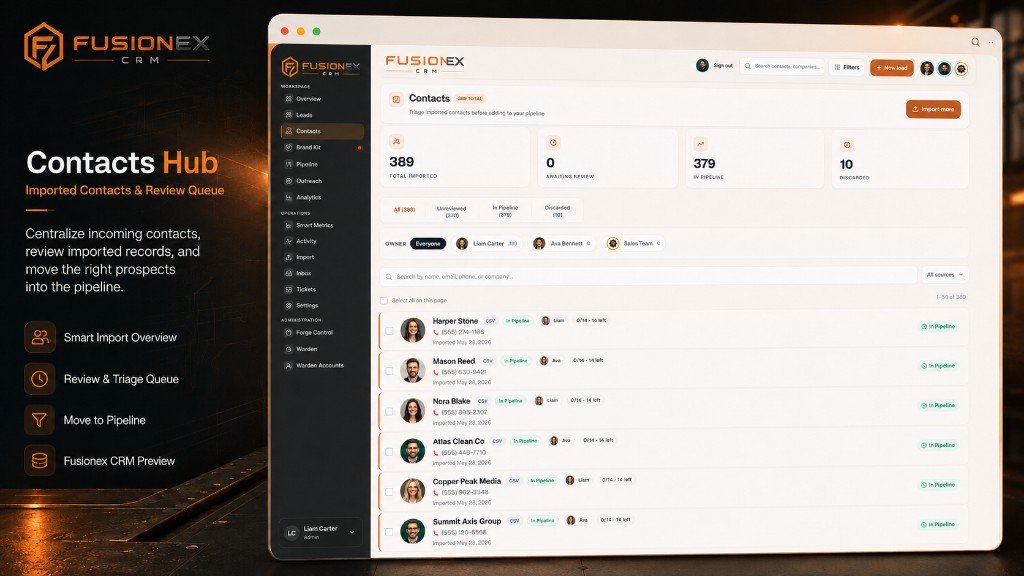 Noverionex CRM contacts hub with import triage and pipeline routing
