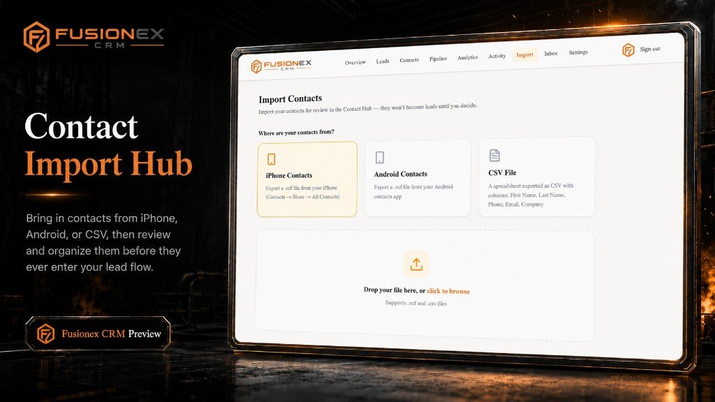 Noverionex CRM contact import hub for mobile and CSV