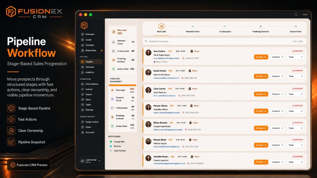 Noverionex CRM pipeline workflow with stage counts and lead cards